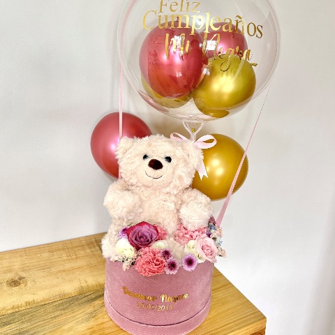 Arreglo floral + peluche y globo burbuja personalizado